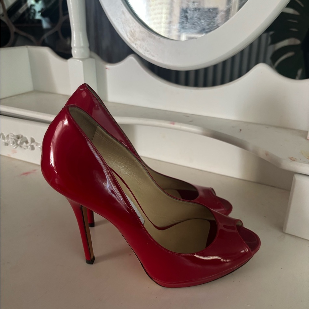 Jimmy Choo Glossy Red Peep-Toe Heels